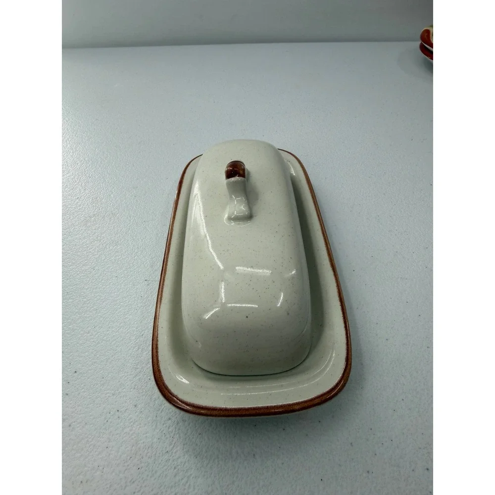 Hearthside Casual Elegance Butter Dish Lid Stoneware Japan Speckled Brown Trim